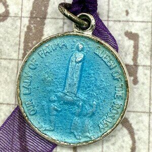 Vintage Our Lady of Fatima Jesus Silver Catholic Religious Medal Blue Enamel